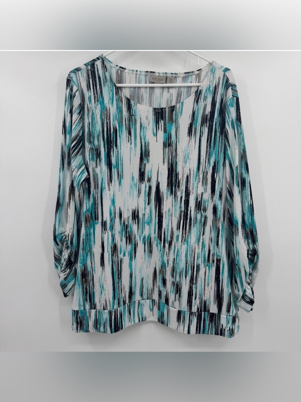 Chico’s Long Sleeve Blouse in Teal, Black and White| Size: 3 (16)